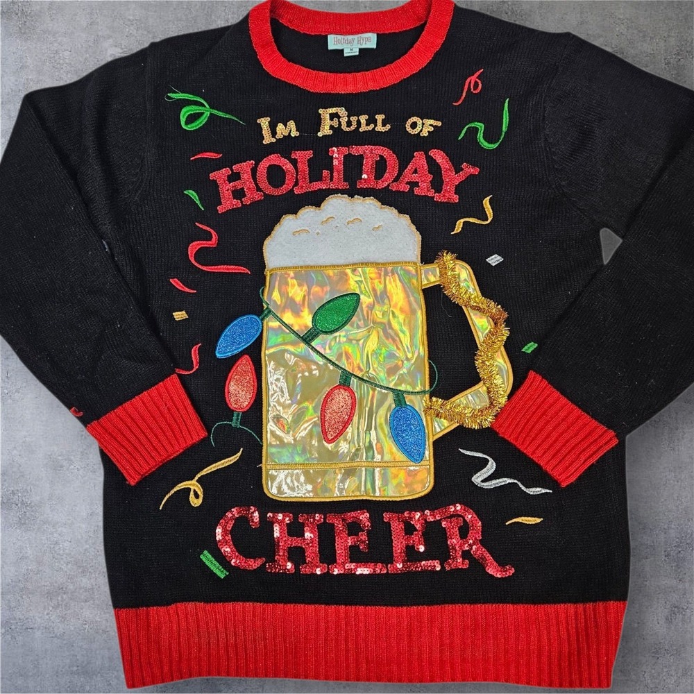 Holiday Hype Mens Black Red Beer Mug Insert Holiday Sweater Medium H50